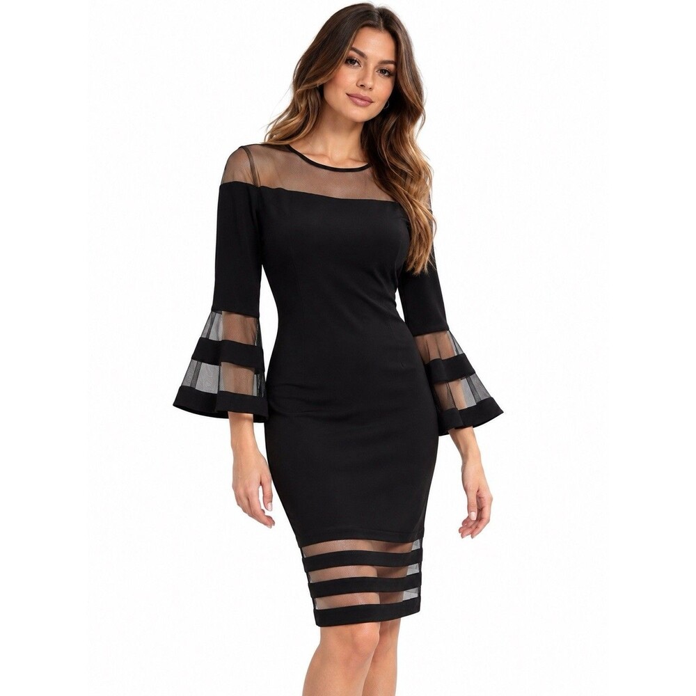 AQUA Black Illusion Mesh Bell Sleeve Sheath Dress Size 6 NWT